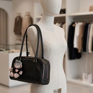 Black Faux-Leather Bowler Bag with Plush Bear Charm